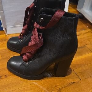 Schutz Black Leather Ankle Boots with Red Laces Or Black Laces.